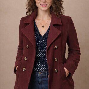 Women’s Maroon Double-Breasted Pea Coat – Classic & Flattering